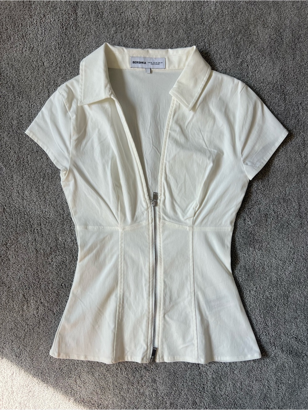 Bershka Cream Short Sleeve Zip Polo Top